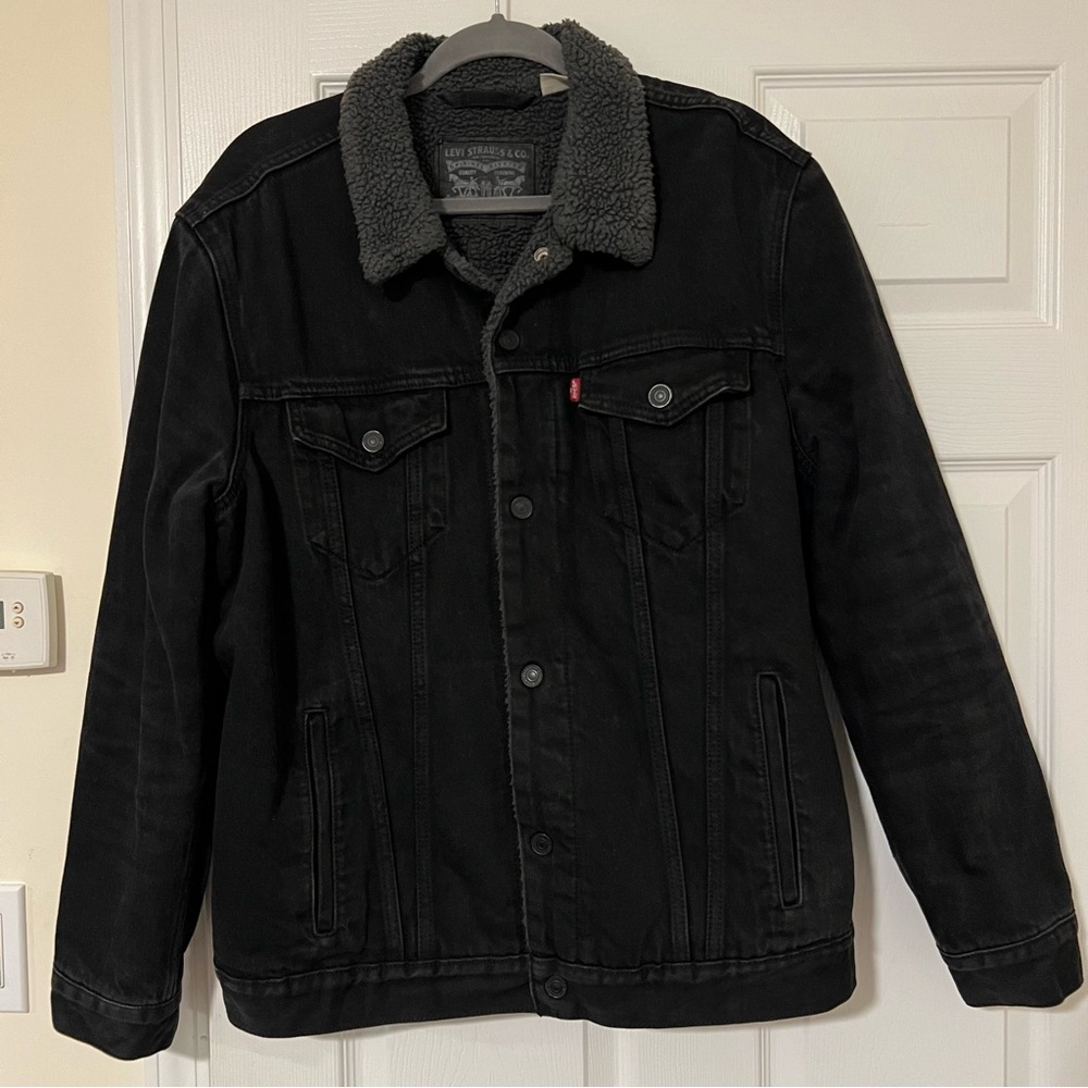 Levis Denim Sherpa Jacket Men’s XL Black Gray Trucker
